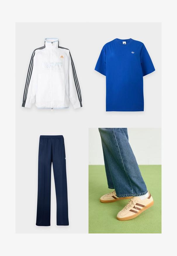 Valge Adidas lukuga jakk kõrge kraega, mustade kolme triibuga varrukatega ja oranži logoga rinnal.; Sinine lühikeste varrukatega Adidas T-särk ümmarguse kaelusega, vasakul rinnal väike valge Adidas trefoil logo.; Söe sinised vabaajajooksupüksid elastse vöökohaga, külgedel lukuga taskud, sirge sääreosaga ja väike valge logo paremal reiel.; Beežid spordijalatsid tekstuursete kreemjatest paneelidest ja pruunidest triipudest, koos siniste denim pükstega. Püksid on avara säärega ja narmendava äärega.