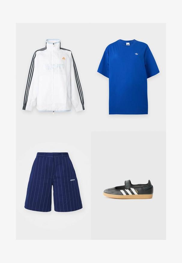 Valge Adidas lukuga jakk kõrge kraega, mustade kolme triibuga varrukatega ja oranži logoga rinnal.; Sinine lühikeste varrukatega Adidas T-särk ümmarguse kaelusega, vasakul rinnal väike valge Adidas trefoil logo.; Tumesinised lühikesed püksid valgete vertikaalsete triipudega, valmistatud puuvillast, vöökohas vööaasadega ja vasakul äärel brodeeritud logoga.; Mustmust ja sametist sneaker, millel on Velcro rihm, kolm valget triipu ja kummi tallad, küljel on silt "SAMBA".