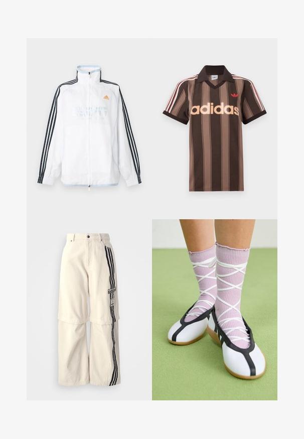 Biela bunda Adidas na zips s vysokým golierom, čiernymi rukávmi s tromi pruhmi a oranžovým logom na hrudi.; Hnedé prúžkované polo tričko Adidas s výstrihom do V, bordovým golierom a červeným logom. Má bielo-červené pruhy na ramenách a krátke rukávy.; Bežové nohavice s širokými nohavicami vyrobené z bavlny, s čiernym trojpruhovým dizajnom po boku a nášivkou loga Adidas na stehne.; Nohy v rebrovaných levanduľových ponožkách s bielymi krížovými pásmi v kombinácii s bielymi baletnými papučkami s čiernym lemom na zelenej podlahe.