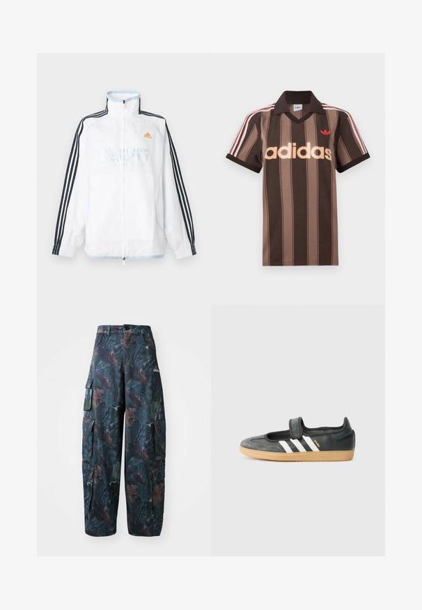 Biela bunda Adidas na zips s vysokým golierom, čiernymi rukávmi s tromi pruhmi a oranžovým logom na hrudi.; Hnedé prúžkované polo tričko Adidas s výstrihom do V, bordovým golierom a červeným logom. Má bielo-červené pruhy na ramenách a krátke rukávy.; Maskáčové cargo nohavice v tmavozeleno-hnedej farbe, s viacerými vreckami a voľným strihom, vyrobené z ľahkej a odolnej tkaniny.; Čierne kožené a zamšové tenisky s Velcro pásikom, s tromi bielymi pruhmi a gumenou podrážkou, označené nápisom "SAMBA" na boku.