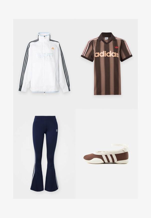Biela bunda Adidas na zips s vysokým golierom, čiernymi rukávmi s tromi pruhmi a oranžovým logom na hrudi.; Hnedé prúžkované polo tričko Adidas s výstrihom do V, bordovým golierom a červeným logom. Má bielo-červené pruhy na ramenách a krátke rukávy.; Námornícke modré rozšírené legíny vyrobené z elastického materiálu, s bielymi bočnými pruhmi a malým logom vpredu. Hladká textúra po celom povrchu.; Hnedá a biela baletná balerína s tromi bielymi pruhmi a mašľou na zviazanie okolo členku na jednoduchom svetlom pozadí.