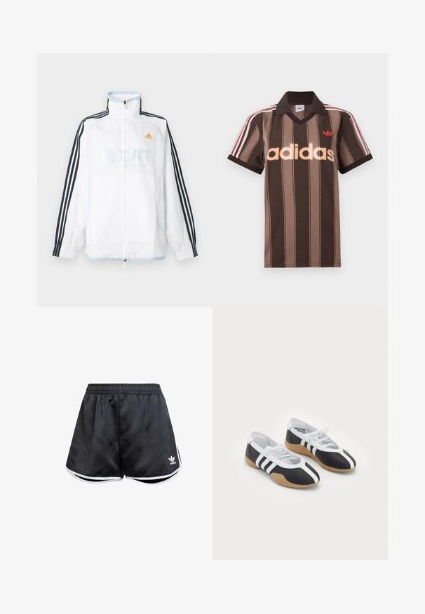 Hvid Adidas lynlåsjakke med høj krave, sorte ærmer med tre striber og orange logo på brystet.; Brunstribet Adidas polo-shirt med V-hals, bordeaux krave og rødt logo. Har hvide og røde skulderstriber samt korte ærmer.; Sorte atletiske shorts lavet af glat syntetisk materiale, med hvide sideakcenter og et broderet logo nederst til venstre.; Sort-hvide sportsko med et slankt design, gummisål, snørebåndslukning og tre hvide striber på siden.