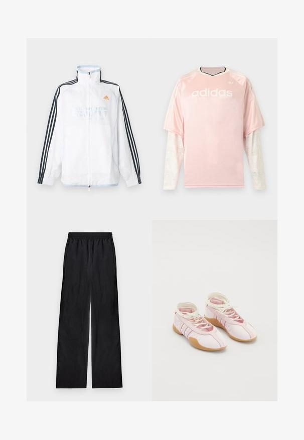Hvid Adidas lynlåsjakke med høj krave, sorte ærmer med tre striber og orange logo på brystet.; Lyserød Adidas langærmet trøje med hvide mønstrede mesh-ærmer og Adidas-logo på brystet mod en grå baggrund.; Sorte bukser med vide ben og elastik i taljen, lavet af letvægtsstof, vist fladt på en lys baggrund.; Lyserøde lærredssko med en blød overflade, der har snørebåndsdesign og en gummisål. Dekorative detaljer og tre striber på siden.