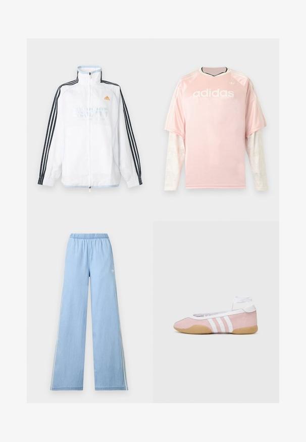 Chaqueta blanca de Adidas con cremallera, cuello alto, mangas negras con tres rayas y logo naranja en el pecho.; Camiseta de manga larga Adidas de color rosa claro con mangas de malla blanca con patrón y logo de Adidas en el pecho sobre un fondo gris.; Pantalones de pierna ancha azul claro con cintura elástica y sutil logo blanco de Adidas en el lado izquierdo.; adidas Originals TAEKWONDO MEI BALLET - Zapatillas - clear pink/ftwr white/gum