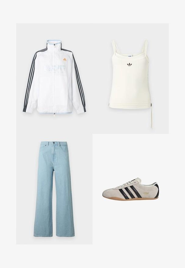 Biela bunda Adidas na zips s vysokým golierom, čiernymi rukávmi s tromi pruhmi a oranžovým logom na hrudi.; Krémové tielko s tenkými ramienkami; čierne logo Adidas na prsiach. Hladká látka s detailom sťahovacieho šnúrky na leme. Jednoduchý dizajn.; Svetlomodré rifle s širokými nohavicami, predným gombíkom, zipsom, pútkami na opasok a bočnými vreckami na bielom pozadí.; Semišové tenisky so šedým zvrškom, čiernymi pruhmi a gumovou podrážkou. Majú šnurovanie a zlatý logový detail na boku.