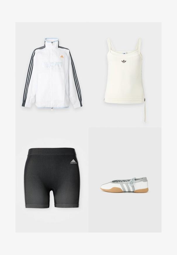 Valge Adidas lukuga jakk kõrge kraega, mustade kolme triibuga varrukatega ja oranži logoga rinnal.; Kreemikas sangadega top, seljal õhukesed rihmad; Adidas'i logo mustana rinnal. Sile kangas, alumises servas nöördetail. Lihtne disain.; Mustad sportlikud lühikesed püksid tekstureeritud kangast, millel on elastne vöökoht ja väike valge Adidas'i logo vasakul ülemisel nurgas.; Valged ja hallid baleriinakingad ümara varbaga ja elastse paelaga, millel on kolm halli triipu ning beež kummist tald.