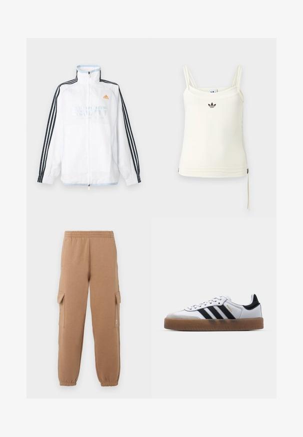 Weißes Adidas Zip-up-Jacke mit hohem Kragen, schwarzen Ärmeln mit drei Streifen und orangefarbenem Logo auf der Brust.; Cremefarbenes Tanktop mit dünnen Trägern; Adidas-Logo in Schwarz auf der Brust. Glatter Stoff mit Kordelzug-Detail am Saum. Einfaches Design.; Beige Cargo-Hosen aus weichem Stoff mit einem elastischen Bund, angeschnittenen Knöcheln und seitlichen Taschen, die ein kleines Logodetail aufweisen.; Weiße Leder Sneakers mit schwarzen Streifen, Gummigummi-Außensohle, runder Zehenform, Schnürverschluss und weichem grauem Wildleder-Zehenkappe.