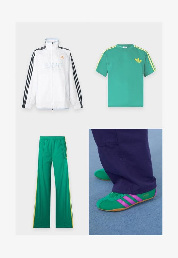 Λευκό μπουφάν Adidas με φερμουάρ και ψηλό γιακά, μαύρα μανίκια με τρεις ρίγες και πορτοκαλί λογότυπο στο στήθος.; Πράσινο βαμβακερό μπλουζάκι με κοντά μανίκια, με κίτρινες ρίγες στους ώμους και κεντημένο λογότυπο με τρία φύλλα στο στήθος.; Πράσινο παντελόνι φόρμας με κίτρινες ρίγες στο πλάι, ελαστική μέση και τσέπες με φερμουάρ, τοποθετημένο επίπεδα σε λευκό φόντο.; Πράσινα και μωβ σουέτ αθλητικά παπούτσια με τρία ριγέ στοιχεία και καουτσούκ σόλα, συνδυασμένα με μωβ παντελόνι, πάνω σε μία μαλακή μπλε επιφάνεια.