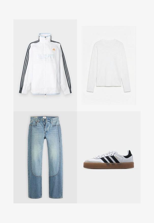 Veste zippée Adidas blanche avec col montant, manches noires à trois bandes et logo orange sur la poitrine.; T-shirt blanc uni à manches longues et col rond, posé à plat sur une surface blanche, montrant l'avant et la longueur complète des manches.; Jean en denim bleu clair avec une coupe droite et ample, présentant des détails de panneaux contrastants et un design à cinq poches. Fermeture à bouton.; Baskets en cuir blanc avec des rayures noires, semelle extérieure en caoutchouc beige, bout rond, fermeture lacée et embout en suède gris doux.