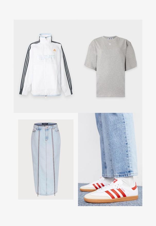 Weißes Adidas Zip-up-Jacke mit hohem Kragen, schwarzen Ärmeln mit drei Streifen und orangefarbenem Logo auf der Brust.; Hellgraues Adidas T-Shirt mit kurzen Ärmeln, Rundhalsausschnitt und kleinem weißen Adidas-Logo auf der Brust, auf schlichtem Hintergrund dargestellt.; Hellblauer Jeansrock mit taillierter Passform, ausgestattet mit zwei vorderen Reißverschlusstaschen, mittigen Nahtdetails und einer Länge bis zur Mitte der Wade.; Weiße Leder Sneaker mit roten Streifen und Akzenten. Verfügt über eine strukturierte Gummi-Laufsohle und einen gepolsterten Schaft. Tragen mit hellblauer Jeans.