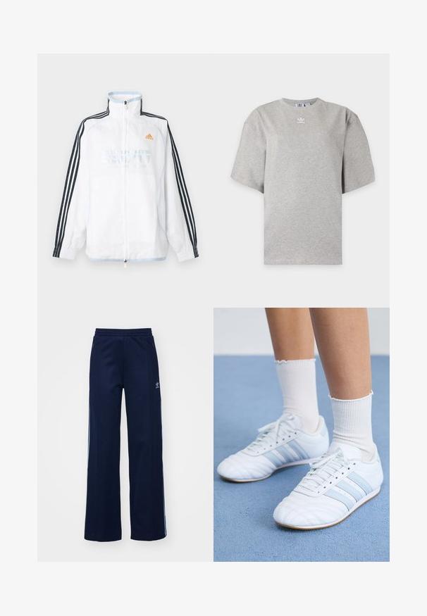 Biela bunda Adidas na zips s vysokým golierom, čiernymi rukávmi s tromi pruhmi a oranžovým logom na hrudi.; Svetlosivé tričko Adidas s krátkym rukávom, okrúhlym výstrihom a malým bielym logom Adidas na hrudi, zobrazené na jednoduchom pozadí.; Námornícke nohavice z bavlneného zmesi s širokým strihom, elastickým pásom a zipsovými vreckami, s bielymi bočnými pruhmi a detailom loga.; Biele kožené športové topánky so svetlomodrými pruhmi, textúrovaným špičkou a bielymi ponožkami. Zobrazené na modrom koberci.
