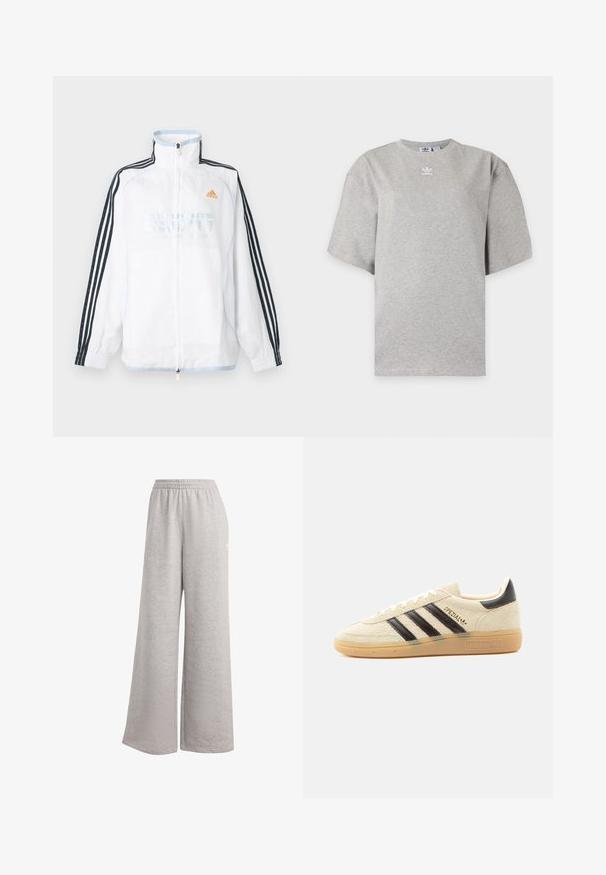 Hvid Adidas lynlåsjakke med høj krave, sorte ærmer med tre striber og orange logo på brystet.; Lysegrå Adidas T-shirt med korte ærmer, rund hals og lille hvid Adidas-logo på brystet, vist på en ensfarvet baggrund.; Lys grå sweatsbukser med en løs pasform, elastisk talje og blød tekstur. Har subtil branding på den ene side. Casual design.; Kremfarvet ruskindssneaker med sorte striber, gummisål, sort hælstrop og gyldent "SPEZIAL"-tekst på siden.