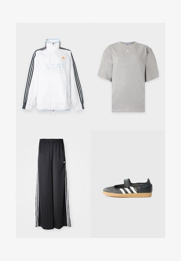 Valkoinen Adidas-vetoketjulla varustettu takki, jossa on korkea kaulus, mustat kolmiraidalliset hihat ja oranssi logo rinnassa.; Vaaleanharmaa Adidas lyhythihainen t-paita pyöreällä kaula-aukolla ja pienellä valkoisella Adidas-logolla rinnassa, esitetty yksivärisellä taustalla.; Mustat leveät housut, joissa on pystysuorat valkoiset raidat, joustava vyötärö ja kolme valkoista raitaa sivulla. Adidas-logo edessä.; Mustat nahka- ja mokkanahkalenkkarit, joissa on tarranauha, kolme valkoista raitaa ja kumipohja. Sivussa lukee "SAMBA".