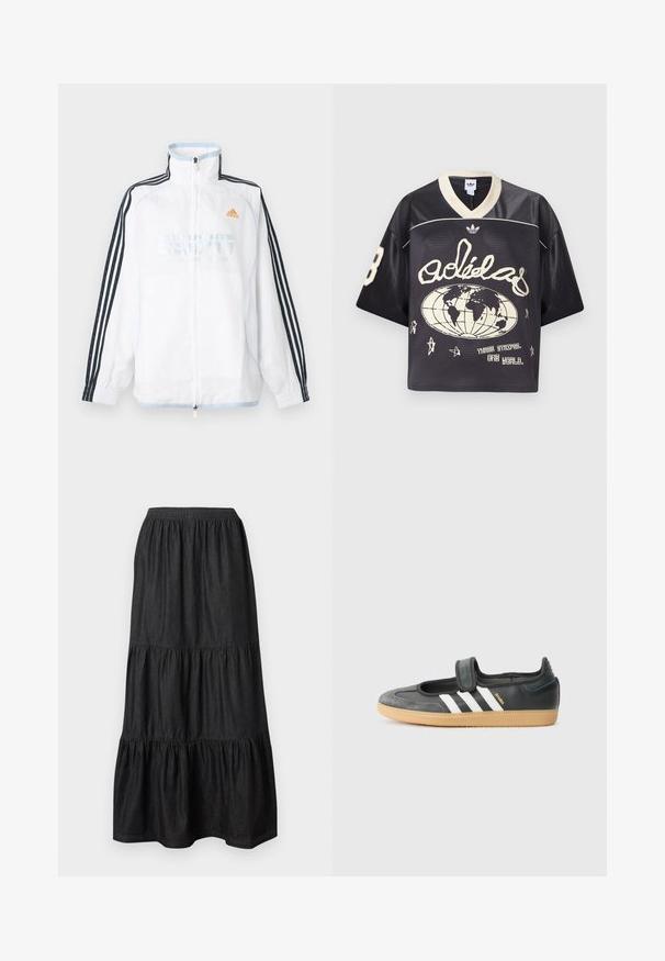 Λευκό μπουφάν Adidas με φερμουάρ και ψηλό γιακά, μαύρα μανίκια με τρεις ρίγες και πορτοκαλί λογότυπο στο στήθος.; Μαύρο αθλητικό φανελάκι από δίχτυ με άνετη εφαρμογή, διακοσμημένο με κρεμ λεπτομέρειες, με λαιμόκοψη σε σχήμα V και γραφικά που περιλαμβάνουν μια υδρόγειο σφαίρα και αστέρια.; Μαύρη μακριά φούστα με στρώσεις, με ελαστική μέση και μαζεμένα υφασμάτινα πάνελ, εμφανίζεται επίπεδη σε ανοιχτό φόντο.; Μαύρο δερμάτινο και σουέντ αθλητικό παπούτσι με ιμάντα Velcro, χαρακτηρισμένο από τρεις λευκές ρίγες και καουτσούκ σόλα, με την ένδειξη "SAMBA" στο πλάι.