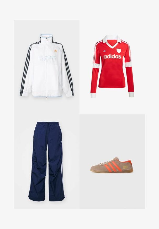 Valge Adidas lukuga jakk kõrge kraega, mustade kolme triibuga varrukatega ja oranži logoga rinnal.; Punane pikade varrukatega jalgpallipluus valge krae ja varrukateotstega. Omab kolme valget triipu õlgadel ja väljapaistvat "adidas" logo.; Tumesinised, kergekaalulised püksid elastse vöökoha ja nööriga, millel on valged küljeribad ja väike logo ees. Lahtise lõikega.; Pruunist nubukist tennisajad kolme erksa oranži triibuga, paeltega ees, ja kullast "Gazelle" bränding küljes. Lame kummist tallaga.
