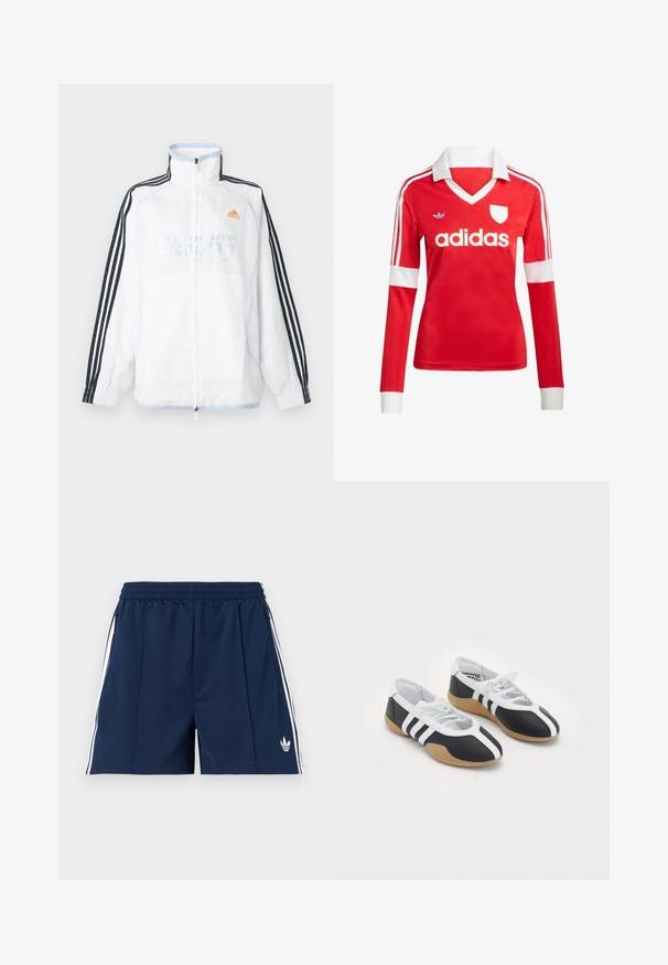 Λευκό μπουφάν Adidas με φερμουάρ και ψηλό γιακά, μαύρα μανίκια με τρεις ρίγες και πορτοκαλί λογότυπο στο στήθος.; Κόκκινη ποδοσφαιρική φανέλα με μακριά μανίκια, λευκό γιακά και μανσέτες. Διαθέτει τρεις λευκές ρίγες στους ώμους και το λογότυπο "adidas" εμφανώς τοποθετημένο.; Μπλε ναυτικό αθλητικό σορτς με ελαστική μέση, λευκές πλαϊνές ρίγες, τσέπες με φερμουάρ και μικρό λευκό λογότυπο Adidas στο αριστερό πόδι.; Μαύρα και άσπρα αθλητικά παπούτσια με κομψό σχέδιο, ελαστική σόλα, κλείσιμο με κορδόνια και τρεις άσπρες ρίγες στα πλάγια.