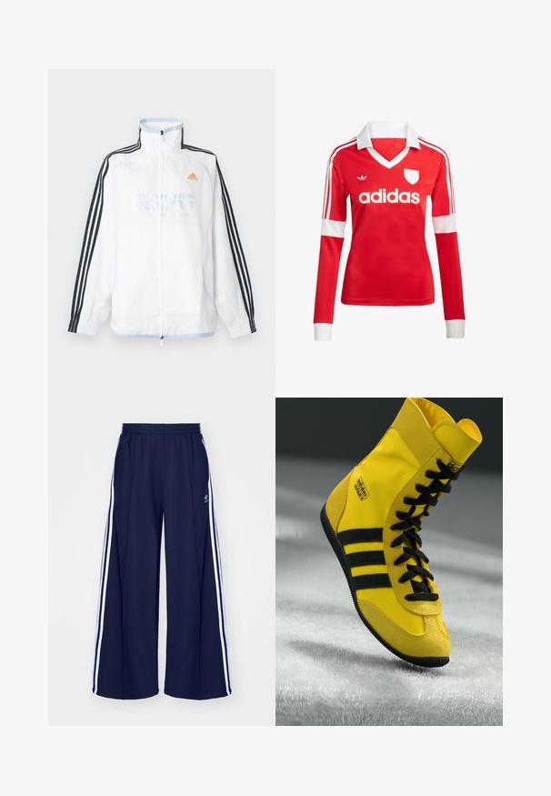 Witte Adidas jas met ritssluiting, hoge kraag, zwarte mouwen met drie strepen en oranje logo op de borst.; Rode lange mouwen voetbalshirt met een witte kraag en manchetten. Heeft drie witte strepen op de schouders en het "adidas" logo prominent weergegeven.; adidas Originals PANT - Trainingsbroek - night indigo; Hoge sneakers van gele synthetische materialen, met zwarte veters, drie zwarte strepen en branding op de zijkant. Gekreukt rubberen zool.