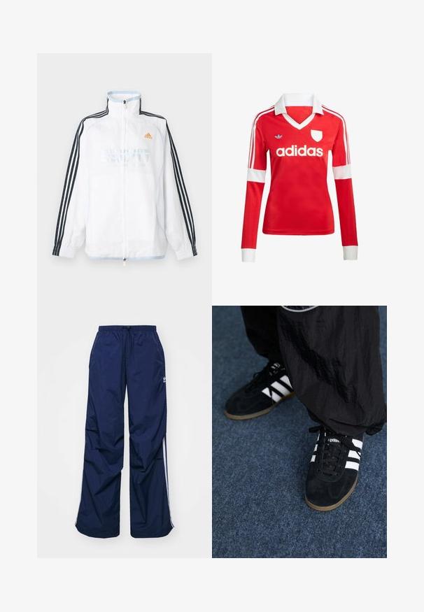 Weißes Adidas Zip-up-Jacke mit hohem Kragen, schwarzen Ärmeln mit drei Streifen und orangefarbenem Logo auf der Brust.; Rotes Fußballtrikot mit langen Ärmeln, weißem Kragen und weißen Ärmelbündchen. Es hat drei weiße Streifen auf den Schultern und das "adidas"-Logo ist auffällig platziert.; Navyblaue, leichte Hosen mit elastischem Bund und Kordelzug, versehen mit weißen Seitenstreifen und einem kleinen Logo vorne. Locker geschnittenes Design.; Schwarze Wildleder-Sportschuhe mit drei weißen Streifen und schwarzen Schnürsenkeln. Eine strukturierte schwarze Hose ist teilweise neben den Schuhen sichtbar.
