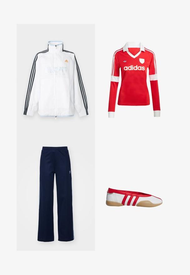 Witte Adidas jas met ritssluiting, hoge kraag, zwarte mouwen met drie strepen en oranje logo op de borst.; Rode lange mouwen voetbalshirt met een witte kraag en manchetten. Heeft drie witte strepen op de schouders en het "adidas" logo prominent weergegeven.; Marineblauwe katoenen joggingsbroek met een brede pijpdesign, elastische tailleband en ritszakken, voorzien van witte zijstrepen en logo-detail.; Rode en witte platte schoen met een afgeronde neus, gemaakt van glad synthetisch materiaal. Heeft drie rode strepen en een beige rubberen zool.