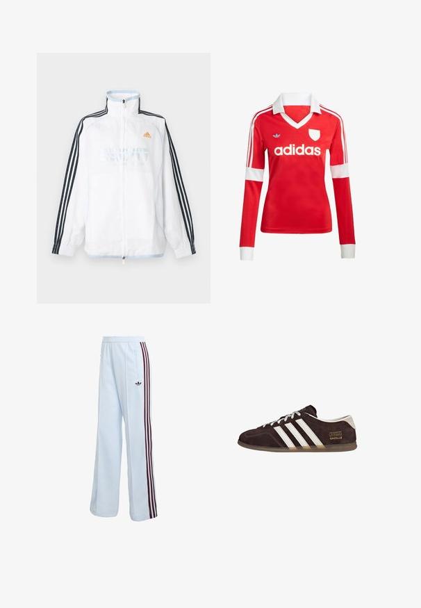 Hvid Adidas lynlåsjakke med høj krave, sorte ærmer med tre striber og orange logo på brystet.; Rød langærmet fodboldtrøje med hvid krave og manchetter. Har tre hvide striber på skuldrene og "adidas" logoet fremtrædende vist.; Lyseblå atletikbukser med en afslappet pasform, der har vinrøde striber på siden og en broderet logo på hoften. Inkluderer en lynlåslomme.; Brune ruskindssneakers med tre hvide striber, gummisål og tekstlabel med ordene "Gazelle" i guld. Snørebåndsdesign med grå snørebånd.
