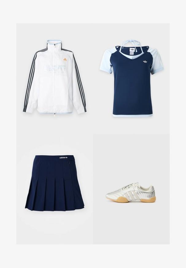 Weißes Adidas Zip-up-Jacke mit hohem Kragen, schwarzen Ärmeln mit drei Streifen und orangefarbenem Logo auf der Brust.; Adidas kurzärmeliges Oberteil in Marineblau und Hellblau mit V-Ausschnitt, Logo auf der Brust und Neckholder-Träger, die hinten am Nacken gebunden sind.; Marineblauer Faltenrock aus leichtem Stoff; verfügt über einen elastischen Bund und eine kleine Reißverschlusstasche, mit einem weißen Adidas-Logo auf der Vorderseite.; Silberner Sportschuh mit glattem Lederobermaterial, Gummisohle und strukturierten Akzenten. Verfügt über ein geschwungenes Design und tonale Schnürsenkel.