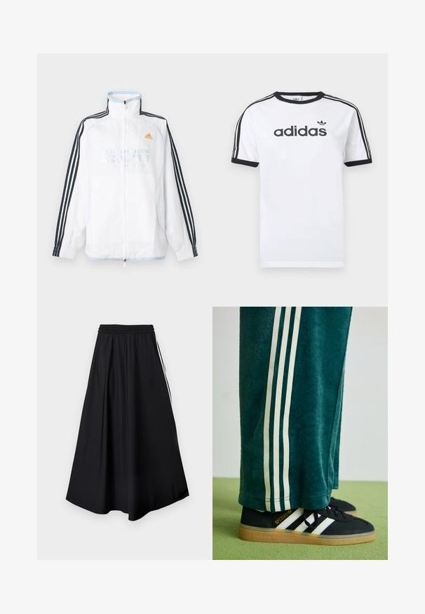 Witte Adidas jas met ritssluiting, hoge kraag, zwarte mouwen met drie strepen en oranje logo op de borst.; Wit katoenen T-shirt met zwarte accenten, voorzien van een ronde hals, korte mouwen, drie zwarte strepen op de schouders en het "adidas"-logo in het zwart.; Zwarte wijde broekspijpen met elastische tailleband en witte strepen aan de zijkant, weergegeven tegen een effen witte achtergrond.; Groene textuur broek met witte zijkanten, gecombineerd met zwarte Adidas sneakers met drie witte strepen en een rubberen zool.