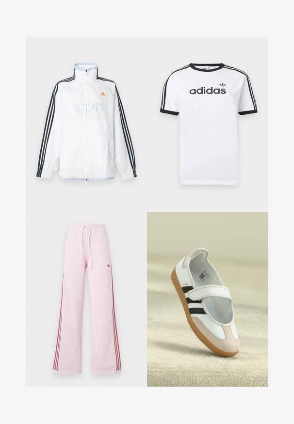 Λευκό μπουφάν Adidas με φερμουάρ και ψηλό γιακά, μαύρα μανίκια με τρεις ρίγες και πορτοκαλί λογότυπο στο στήθος.; Λευκό βαμβακερό μπλουζάκι με μαύρες λεπτομέρειες, διαθέτει στρογγυλή λαιμόκοψη, κοντά μανίκια, τρεις μαύρες ρίγες στους ώμους και λογότυπο "adidas" σε μαύρο χρώμα.; Ανοιχτό ροζ πλεκτό παντελόνι με φαρδιά μπατζάκια, κόκκινες πλαϊνές ρίγες, κορδόνι στη μέση και μικρό λογότυπο στο πάνω μέρος του μηρού.; Λευκό παπούτσι με ροζ σουέτ μύτη, μαύρες ρίγες και ιμάντα Velcro. Διαθέτει καφετί καουτσούκ σόλα και λογότυπο στο πλάι.