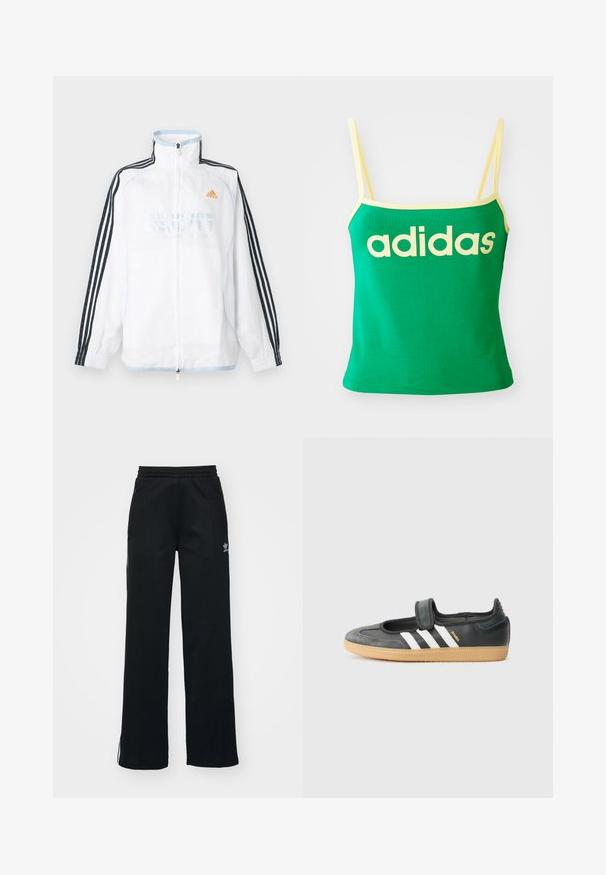 Chaqueta blanca de Adidas con cremallera, cuello alto, mangas negras con tres rayas y logo naranja en el pecho.; Top verde con detalles amarillos, hecho de material elástico. Presenta un gran logo de "adidas" amarillo en el frente y tirantes delgados.; Pantalones deportivos negros con corte relajado, cintura con cordón, bolsillos laterales con cremallera y sutil marca blanca en la pierna izquierda.; Zapatilla de deporte de cuero negro y ante con una correa de Velcro, que presenta tres rayas blancas y una suela de goma, etiquetada "SAMBA" en el lateral.