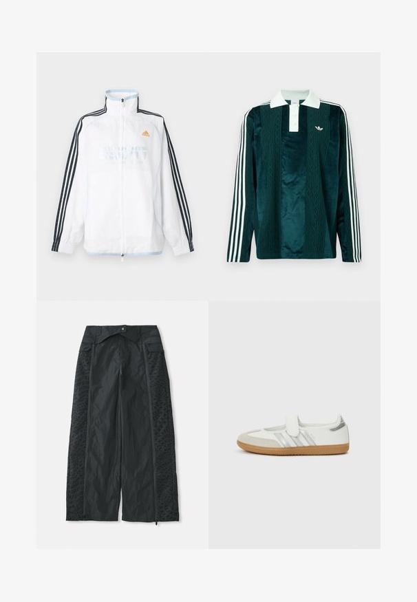 Veste zippée Adidas blanche avec col montant, manches noires à trois bandes et logo orange sur la poitrine.; Polo à manches longues en velours vert foncé avec des accents blancs. Présente un col à trois boutons, un logo brodé et trois rayures blanches sur les manches.; Pantalons larges noirs en matière légère, dotés de motifs texturés sur les côtés et d'ouvertures zippées aux ourlets.; Baskets blanches avec rayures argentées, embout en daim et bande velcro. Semelle en caoutchouc gomme texturée. Design minimaliste avec une finition lisse.