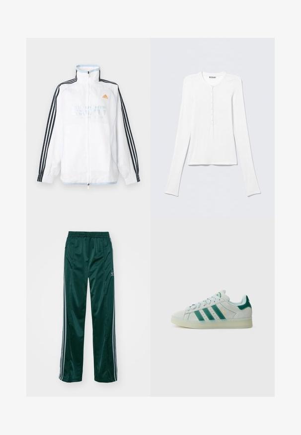 Hvid Adidas lynlåsjakke med høj krave, sorte ærmer med tre striber og orange logo på brystet.; Hvid Henley trøje med lange ærmer, rund halsudskæring og en vertikal række små knapper ned foran i midten.; Mørkegrønne træningsbukser lavet af skinnende materiale, med sidelister i lys grå og et broderet logo på venstre ben.; Lysegrå ruskindssneaker med mørkegrønne striber og hælkappe, gennemsigtig sål, snørebånd og "CAMPUS" tekst i guld på siden.
