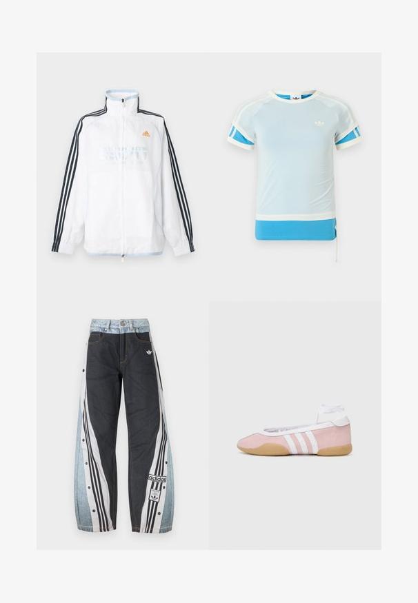 Hvid Adidas lynlåsjakke med høj krave, sorte ærmer med tre striber og orange logo på brystet.; Lyseblå atletisk t-shirt med hvide accenter og blå sidepaneler. Har rund hals og korte ærmer, lavet af glat stof.; Tofarvede Adidas træningsbukser med sorte forstykker, hvide og sorte stribede sidepaneler, trykknapper og logopatch på højre ben.; adidas Originals TAEKWONDO MEI BALLET - Sneakers - clear pink/ftwr white/gum