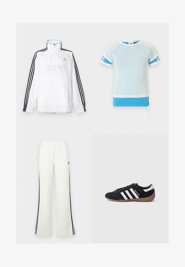 Λευκό μπουφάν Adidas με φερμουάρ και ψηλό γιακά, μαύρα μανίκια με τρεις ρίγες και πορτοκαλί λογότυπο στο στήθος.; Ανοιχτό μπλε αθλητικό μπλουζάκι με λευκές λεπτομέρειες και μπλε πλευρικές πινελιές. Διαθέτει στρογγυλή λαιμόκοψη και κοντά μανίκια, κατασκευασμένο από λεία ύφασμα.; Ανοιχτό κρεμ παντελόνι με πλεκτό σχέδιο και καμπάνα στο κάτω μέρος. Έχει σκούρες μπλε ρίγες στο πλάι και λογότυπο Adidas στο ισχίο. Ελαστική μέση.; Μαύρο σουέντ αθλητικό παπούτσι με τρεις λευκές ρίγες, σόλα από καουτσούκ και ένα μικρό χρυσό λογότυπο στο πλάι. Διαθέτει μαλακή μαύρη εσωτερική επένδυση.