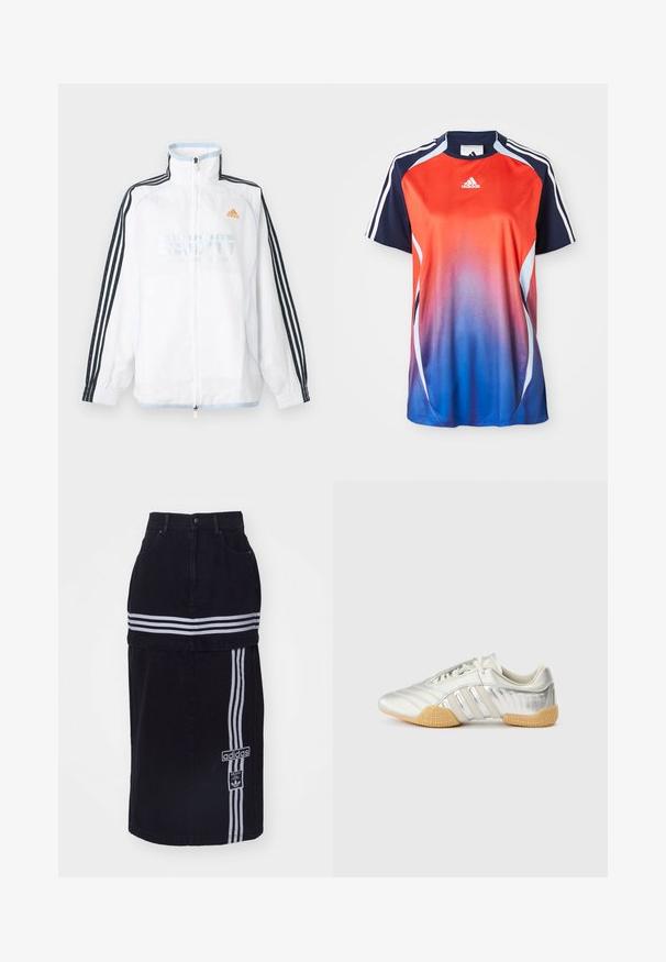 Hvid Adidas lynlåsjakke med høj krave, sorte ærmer med tre striber og orange logo på brystet.; Adidas kortærmet sports T-shirt med en gradient fra rød til blå, med marineblå akcenter og hvide striber langs skuldrene.; Sort denimnederdel med høj talje, der har to hvide vandrette striber, et Adidas-logo på siden og et lige snit.; Sølvfarvet sportssko med en glat læderoverdel, gummisål og teksturerede detaljer. Har et buet design og tonede snørebånd.