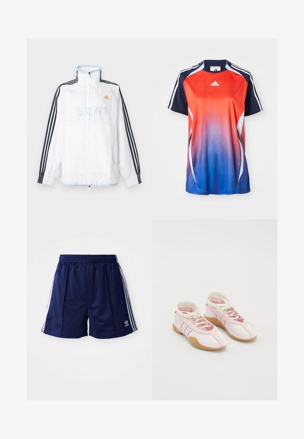 Valge Adidas lukuga jakk kõrge kraega, mustade kolme triibuga varrukatega ja oranži logoga rinnal.; Adidase lühikeste varrukatega spordipluus, millel on punasest siniseks üleminek, tumesinised aktsendid ja valged triibud õlgade äärte ümber.; Tumesinised sportlikud lühikesed püksid kerge materjaliga, valgete külgtriipude ja vasakul alakulgel tikitud logoga. Elastne vöökoht.; Roosad kangast jalatsid pehme tekstuuriga, lace-up disainiga ja kummist tallaga. Dekoratiivsed aktsendid ja kolm triipu külgedel.