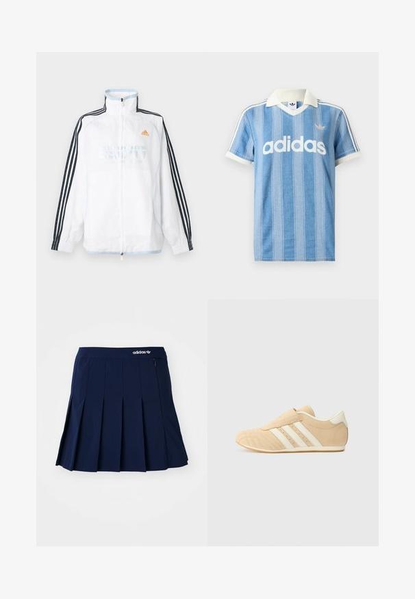 Hvid Adidas lynlåsjakke med høj krave, sorte ærmer med tre striber og orange logo på brystet.; Lyseblå polo med korte ærmer og lodrette striber, hvide detaljer og en fremtrædende hvid "adidas"-logo på forsiden.; Marineblå plisseret nederdel lavet af letvægtsstof; har en elastisk talje og en lille lynlås-lomme, med et hvidt Adidas-logo på forsiden.; Brune og creme atletiksko med overdel i glat læder, tre hvide striber på siden og en rund tå. Tekstureret overdel med perforeringer.