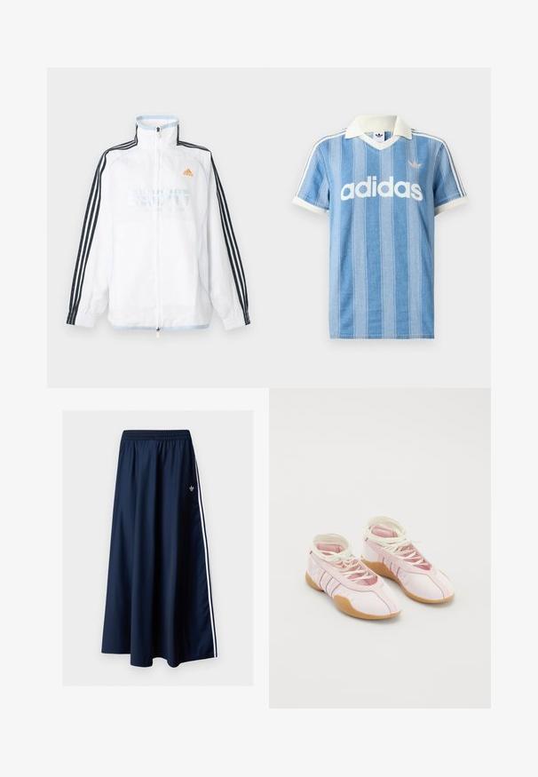 Witte Adidas jas met ritssluiting, hoge kraag, zwarte mouwen met drie strepen en oranje logo op de borst.; Lichtblauw poloshirt met korte mouwen, verticale strepen, witte accenten en een opvallend wit "adidas"-logo aan de voorkant.; Donkerblauwe maxi-rok met elastische tailleband, twee witte zijstrepen en een klein wit Adidas-logo aan de linkerkant.; Roze canvas schoenen met een zachte textuur, voorzien van een vetersluiting en een ondergrond van gumrubber. Decoratieve accenten en drie strepen aan de zijkant.