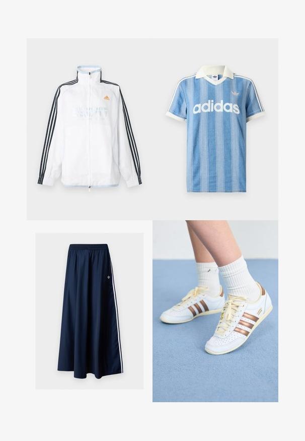 Biela bunda Adidas na zips s vysokým golierom, čiernymi rukávmi s tromi pruhmi a oranžovým logom na hrudi.; Svetlomodré polokošeľa s krátkym rukávom s vertikálnymi pruhmi, bielymi akcentmi a výrazným bielym logom „adidas“ na prednej strane.; Tmavomodrá maxi sukňa s elastickým pásom, dvoma bielymi bočnými pruhmi a malým bielym logom Adidas na ľavej strane.; Biele tenisky s bronzovými pruhmi, textúrovaná koža, žlté šnúry a perforované detaily. Nosia sa s bielymi rebrovanými ponožkami na jemnom modrom povrchu.