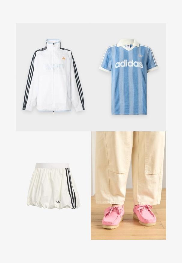 Hvid Adidas lynlåsjakke med høj krave, sorte ærmer med tre striber og orange logo på brystet.; Lyseblå polo med korte ærmer og lodrette striber, hvide detaljer og en fremtrædende hvid "adidas"-logo på forsiden.; Hvid atletisk nederdel lavet af letvægtsstof, med bredt taljebånd, voluminøs form og tre sorte striber på siden.; Lyserøde ruskinds mokkasiner med snørebånd, med en struktureret overflade og en lys beige gummisål, parret med beige bukser.