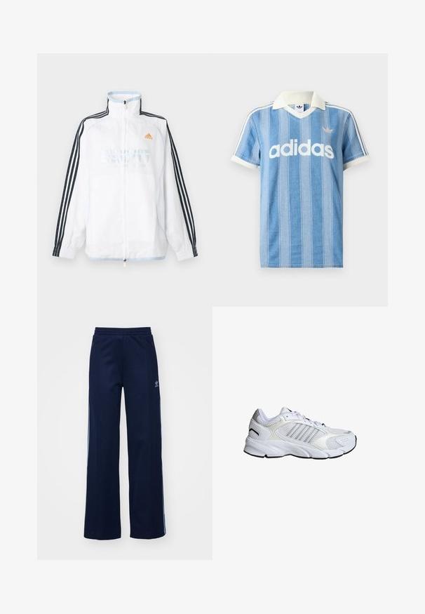 Chaqueta blanca de Adidas con cremallera, cuello alto, mangas negras con tres rayas y logo naranja en el pecho.; Polo de manga corta azul claro con rayas verticales, detalles en blanco y prominente logo blanco de "adidas" en el frente.; Pantalones de chándal de mezcla de algodón en color marino con diseño de pierna ancha, cinturilla elástica y bolsillos con cremallera, con franjas laterales blancas y detalle de logotipo.; Zapato deportivo blanco con malla transpirable y materiales sintéticos, tres franjas plateadas, suela de caucho texturizada y cuello acolchado.