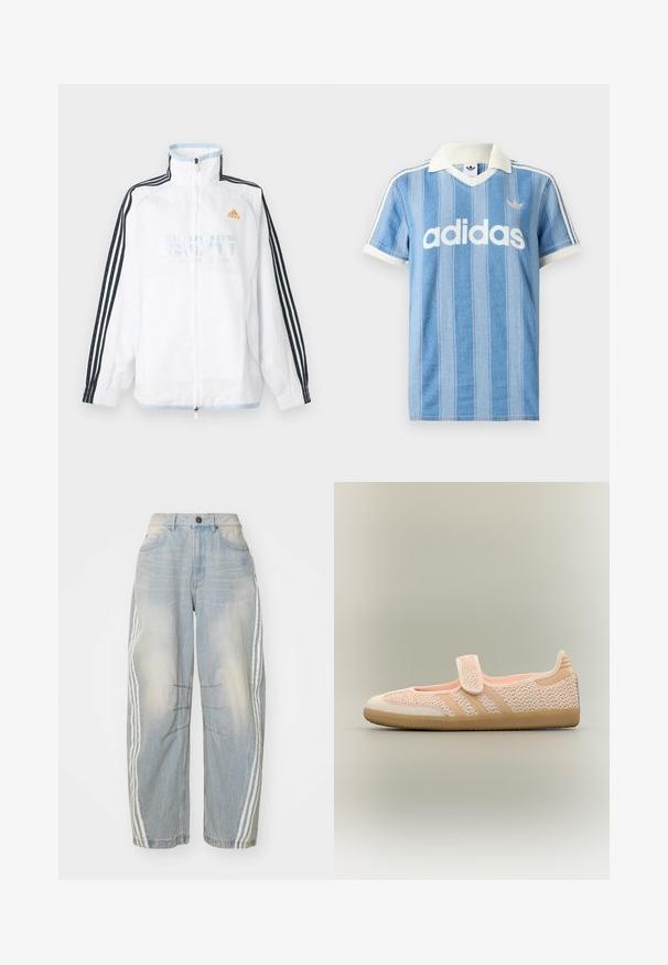 Λευκό μπουφάν Adidas με φερμουάρ και ψηλό γιακά, μαύρα μανίκια με τρεις ρίγες και πορτοκαλί λογότυπο στο στήθος.; Ανοιχτό μπλε κοντομάνικη μπλούζα πόλο με κάθετες ρίγες, λευκές λεπτομέρειες και εμφανές λευκό λογότυπο "adidas" στο μπροστινό μέρος.; Ανοιχτό μπλε τζιν παντελόνι με χαλαρή εφαρμογή, διαθέτοντας λευκές ρίγες στα πλάγια, φθαρμένες λεπτομέρειες και κουμπί στο μέσο.; Ανοιχτό ροζ υφασμάτινο παπούτσι Mary Jane με μπεζ περίγραμμα, λουράκι με βέλκρο και καουτσούκ σόλα σε απλό μπεζ φόντο.