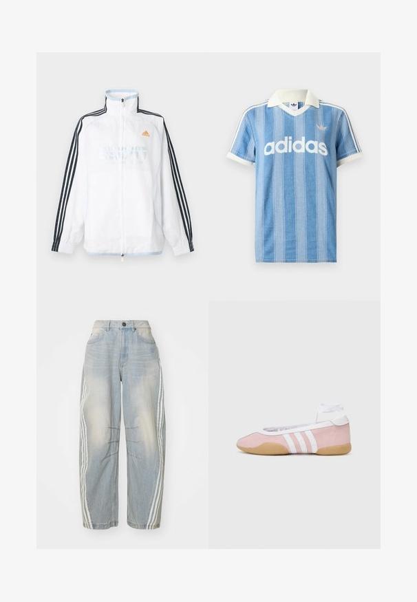 Hvid Adidas lynlåsjakke med høj krave, sorte ærmer med tre striber og orange logo på brystet.; Lyseblå polo med korte ærmer og lodrette striber, hvide detaljer og en fremtrædende hvid "adidas"-logo på forsiden.; Lyseblå denimjeans med løs pasform, der har hvide striber ned langs siderne, slidte detaljer og knaplukning i taljen.; adidas Originals TAEKWONDO MEI BALLET - Sneakers - clear pink/ftwr white/gum