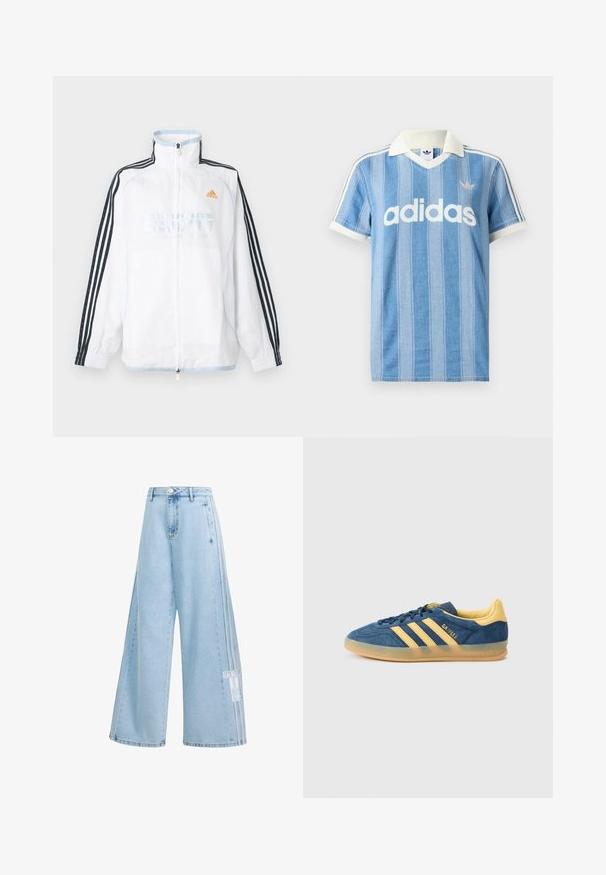 Λευκό μπουφάν Adidas με φερμουάρ και ψηλό γιακά, μαύρα μανίκια με τρεις ρίγες και πορτοκαλί λογότυπο στο στήθος.; Ανοιχτό μπλε κοντομάνικη μπλούζα πόλο με κάθετες ρίγες, λευκές λεπτομέρειες και εμφανές λευκό λογότυπο "adidas" στο μπροστινό μέρος.; Φαρδιά παντελόνια τζιν ανοιχτού μπλε χρώματος με λεπτομέρειες τριών ρίγων της Adidas και λογότυπο στο δεξί πόδι, ψηλή μέση και κούμπωμα με κουμπί.; Μπλε σουέντ αθλητικό παπούτσι με κίτρινες λεπτομέρειες, τρεις κίτρινες ρίγες, υφασμένο γλώσσα και διαφανές εξωτερικό πέλμα από καουτσούκ. Ονομασία της μάρκας "Gazelle" ορατή.