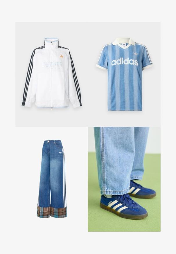 Biela bunda Adidas na zips s vysokým golierom, čiernymi rukávmi s tromi pruhmi a oranžovým logom na hrudi.; Svetlomodré polokošeľa s krátkym rukávom s vertikálnymi pruhmi, bielymi akcentmi a výrazným bielym logom „adidas“ na prednej strane.; Svetlomodré džínsy so širokými nohavicami, s bielymi pruhmi po bokoch a hnedým károvaným lemom. Vyrobené z jemnej, štruktúrovanej látky.; Modré semišové tenisky s bielymi pruhmi a textúrovanými vzormi, obuté s svetlomodrými džínsami, na pozadí zelenej farby.