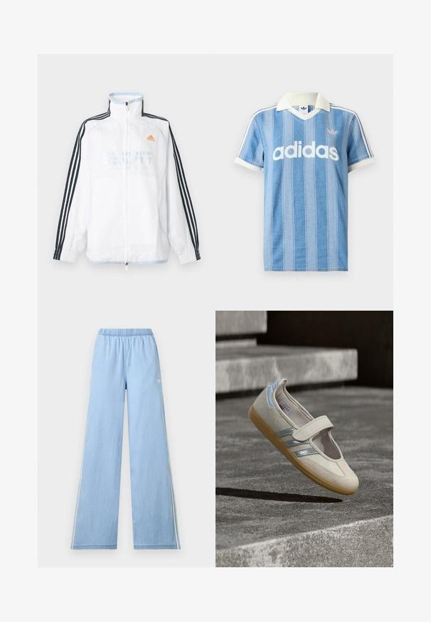 Λευκό μπουφάν Adidas με φερμουάρ και ψηλό γιακά, μαύρα μανίκια με τρεις ρίγες και πορτοκαλί λογότυπο στο στήθος.; Ανοιχτό μπλε κοντομάνικη μπλούζα πόλο με κάθετες ρίγες, λευκές λεπτομέρειες και εμφανές λευκό λογότυπο "adidas" στο μπροστινό μέρος.; Φαρδιά ανοιχτού μπλε παντελόνια με ελαστική μέση και διακριτικό λευκό λογότυπο Adidas στην αριστερή πλευρά.; Μπεζ υφασμάτινο παπούτσι με ελαστικό λουράκι, υφή στο επάνω μέρος, ασημένιες και μπλε λεπτομέρειες, και σόλα από καουτσούκ χρώματος καραμέλας, εμφανιζόμενο σε γκρι φόντο.