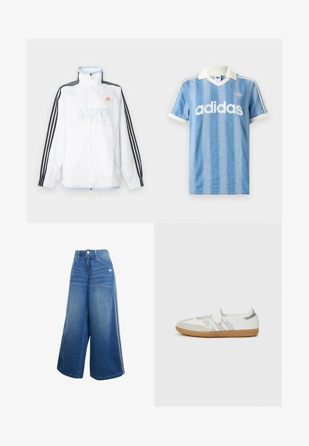 Biela bunda Adidas na zips s vysokým golierom, čiernymi rukávmi s tromi pruhmi a oranžovým logom na hrudi.; Svetlomodré polokošeľa s krátkym rukávom s vertikálnymi pruhmi, bielymi akcentmi a výrazným bielym logom „adidas“ na prednej strane.; Džíny s širokými nohavicami v stredne modrej farbe, s vysokým pásom, jemnými švovými detailmi a malým bielym logom na prednej strane.; Biela teniska so striebornými pruhmi, zamatovou špičkou a suchým zipsom. Textúrovaná podrážka z gumy vo farbe žuvačky. Minimalistický dizajn s hladkým povrchom.