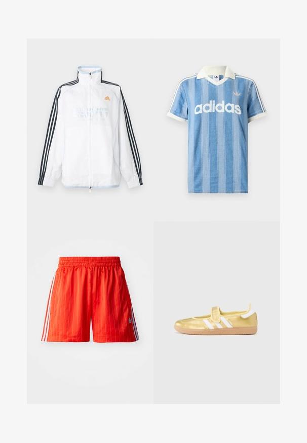 Valkoinen Adidas-vetoketjulla varustettu takki, jossa on korkea kaulus, mustat kolmiraidalliset hihat ja oranssi logo rinnassa.; Vaaleansininen lyhythihainen poolopaita, jossa pystysuorat raidat, valkoiset yksityiskohdat ja näkyvä valkoinen "adidas"-logo edessä.; Punaiset urheilushortsit, joissa on pystysuorat valkoiset raidat, joustava vyötärö ja vaaleansiniset yksityiskohdat sivuilla. Sisältää sivutaskut.; Kultainen lenkkarit valkoisilla raitaleilla ja tarrakiinnityksellä. Sileä metallinhohtoinen pinta, pyöristetty kärki ja kuvioitu kumipohja.