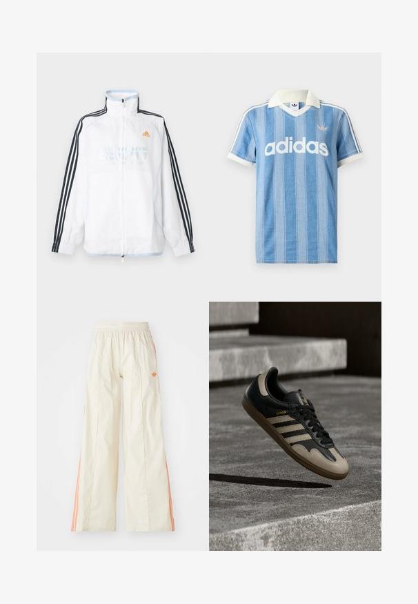 Hvid Adidas lynlåsjakke med høj krave, sorte ærmer med tre striber og orange logo på brystet.; Lyseblå polo med korte ærmer og lodrette striber, hvide detaljer og en fremtrædende hvid "adidas"-logo på forsiden.; Cremefarvede bredde benbukser med elastisk talje, der har orange side-striber og et lille orange logo foran.; Sort og beige lædersneaker med tre hvide striber, tanfarvet gummisål og gyldent "Samba"-detalje på siden.