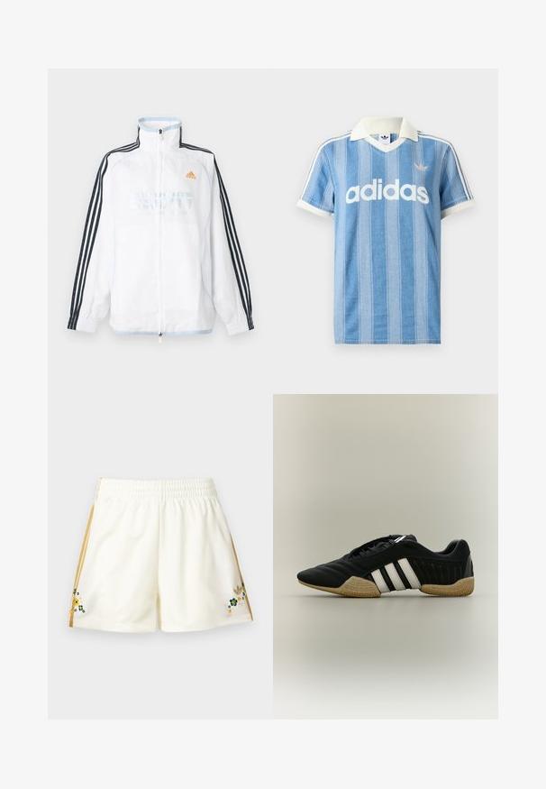 Λευκό μπουφάν Adidas με φερμουάρ και ψηλό γιακά, μαύρα μανίκια με τρεις ρίγες και πορτοκαλί λογότυπο στο στήθος.; Ανοιχτό μπλε κοντομάνικη μπλούζα πόλο με κάθετες ρίγες, λευκές λεπτομέρειες και εμφανές λευκό λογότυπο "adidas" στο μπροστινό μέρος.; Αθλητικές βερμούδες μπεζ χρώματος με χρυσές πλευρικές ρίγες και μικρά κεντημένα πράσινα, κίτρινα και λευκά λουλούδια κοντά στο τελείωμα και στις δύο πλευρές.; Μαύρο αθλητικό παπούτσι με λευκές ρίγες και μπεζ υφασμένο πάτο σε ουδέτερο φόντο, εμφανίζεται σε πλαϊνή όψη.