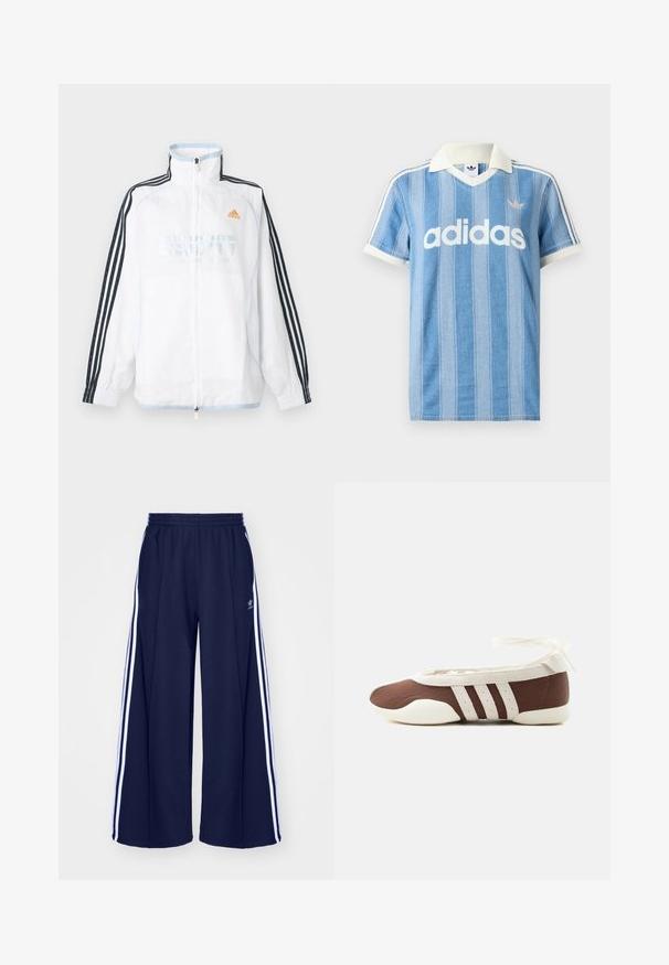 Weißes Adidas Zip-up-Jacke mit hohem Kragen, schwarzen Ärmeln mit drei Streifen und orangefarbenem Logo auf der Brust.; Hellblaues Poloshirt mit kurzen Ärmeln und vertikalen Streifen, weißen Akzenten und auffälligem weißen "adidas"-Logo auf der Vorderseite.; adidas Originals PANT - Jogginghose - night indigo; Brauner und weißer Ballerinaschuh mit drei weißen Streifen und einer Schleife zum Binden am Knöchel auf einem schlichten hellen Hintergrund.