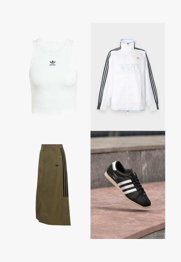 Witte Adidas jas met ritssluiting, hoge kraag, zwarte mouwen met drie strepen en oranje logo op de borst.; Witte katoenen tanktop met een aansluitende ribbelstructuur, ronde halslijn en geborduurd zwart Adidas-logo op de voorkant.; Olijfgroene lange rok met zijzakken, zwart Adidas-logo en drie zwarte strepen die aan één kant verticaal lopen.; Zwarte leren sneaker met witte strepen en zool, veters gestrikt, zwevend boven een rozeachtig betonnen oppervlak met een grijze stenen muur op de achtergrond.